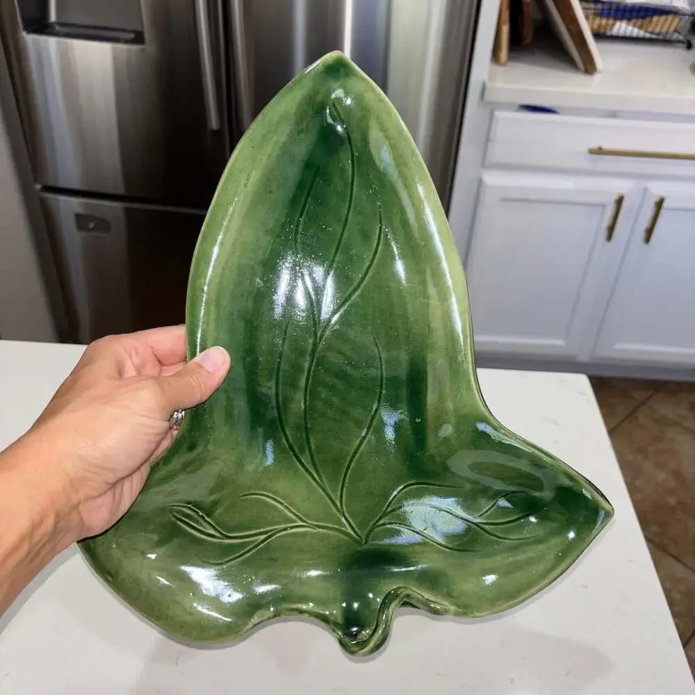 Vintage MCM Studio Pottery Green Ceramic Leaf Serving Tray